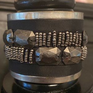 Vintage steel Plated black fabric covered with silver beads cuff bracelet